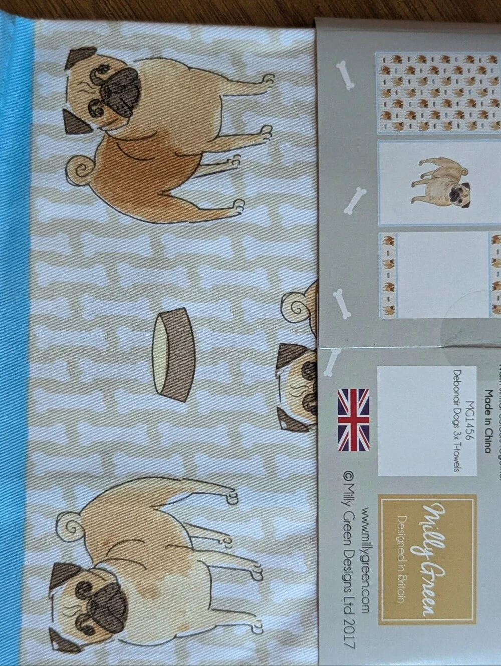 SWEET MILLY GREEN LONDON PUGS 3 PC KITCHEN TEA TOWELS NWT 100% COTTON DOG DOGS